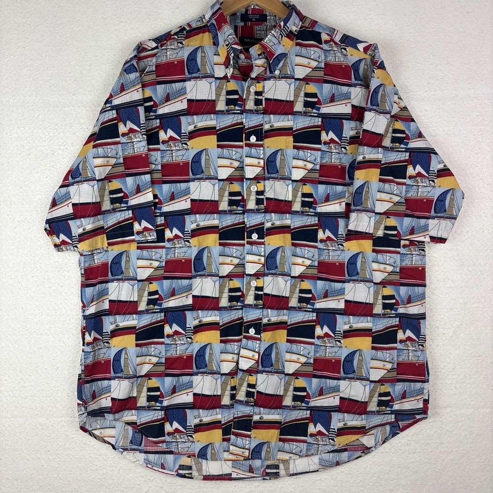 Nautica Mens Sailboat Sailing Nautical Graphic Button Down S/S Shirt Size XL AOP